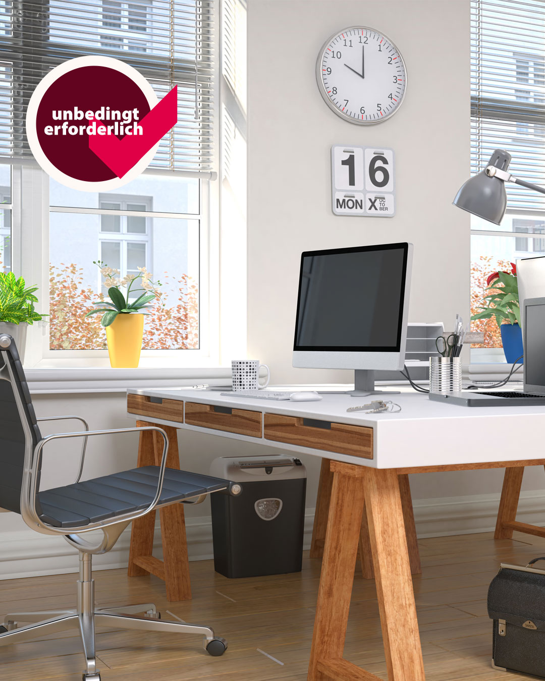 Bild zeigt ein Büro und das Signet Unbedingt erforderlich  © AdobeStock: marog-pixcells