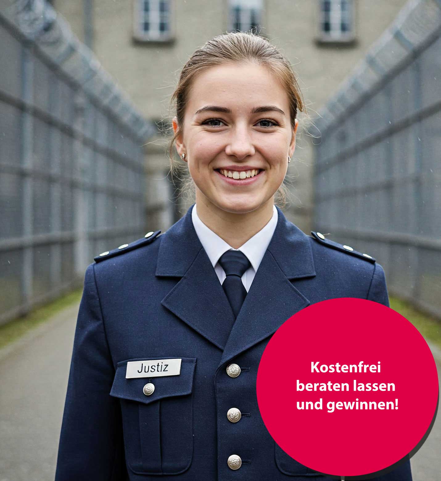 Bild zeigt eine Dienstanfänger*in in der Justiz und den Schriftzug: kostenfrei beraten lassen und gewinnen!