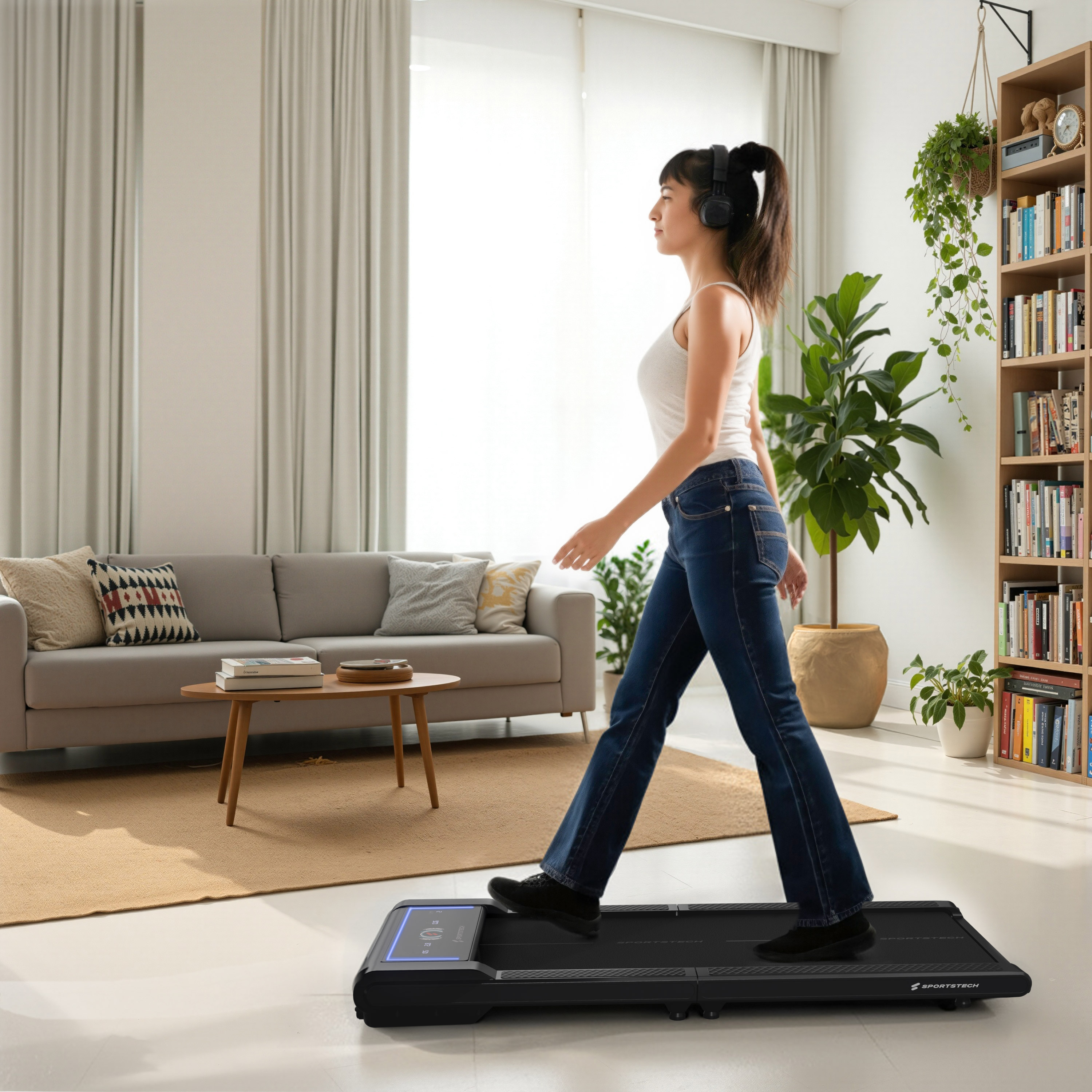 Bild zeigt eine Frau, die vor ihrem Sofa auf ihrem WalkPad trainiert. Copyright: SPORTSTECH